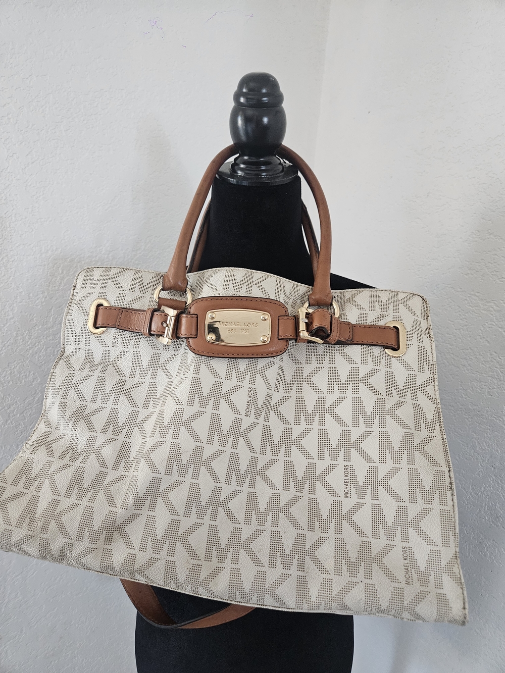 Michael Kors Beige Logo Tote with Brown Leather Handles and Gold Hardware